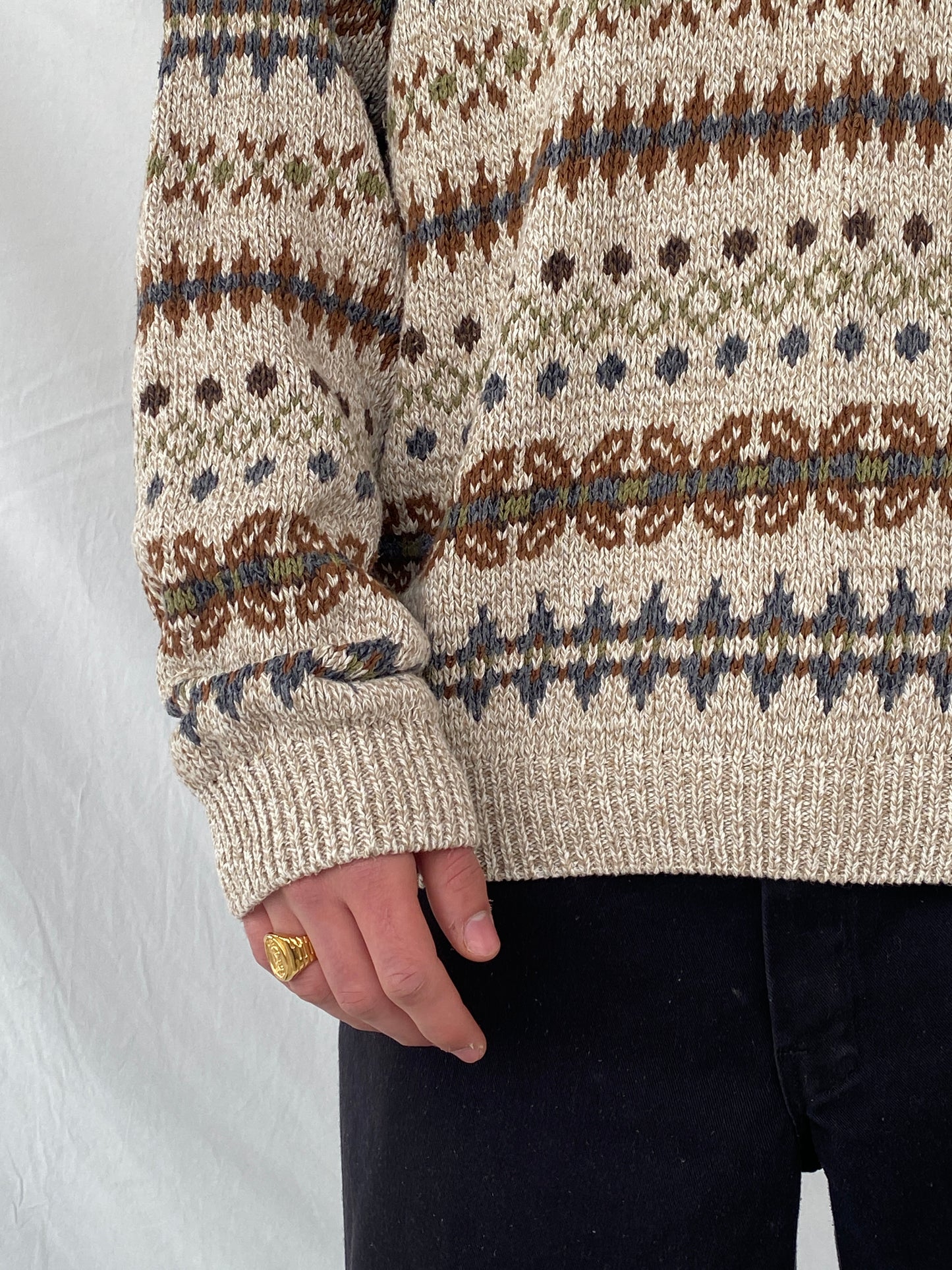 Vintage 90s St. John’s Bay Men’s Cream Western Patterned Knitted Sweater - 3XL