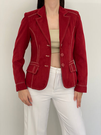 Vintage Baroness Woman Red Faux Suede Contrast Stitch Tailored Blazer – L