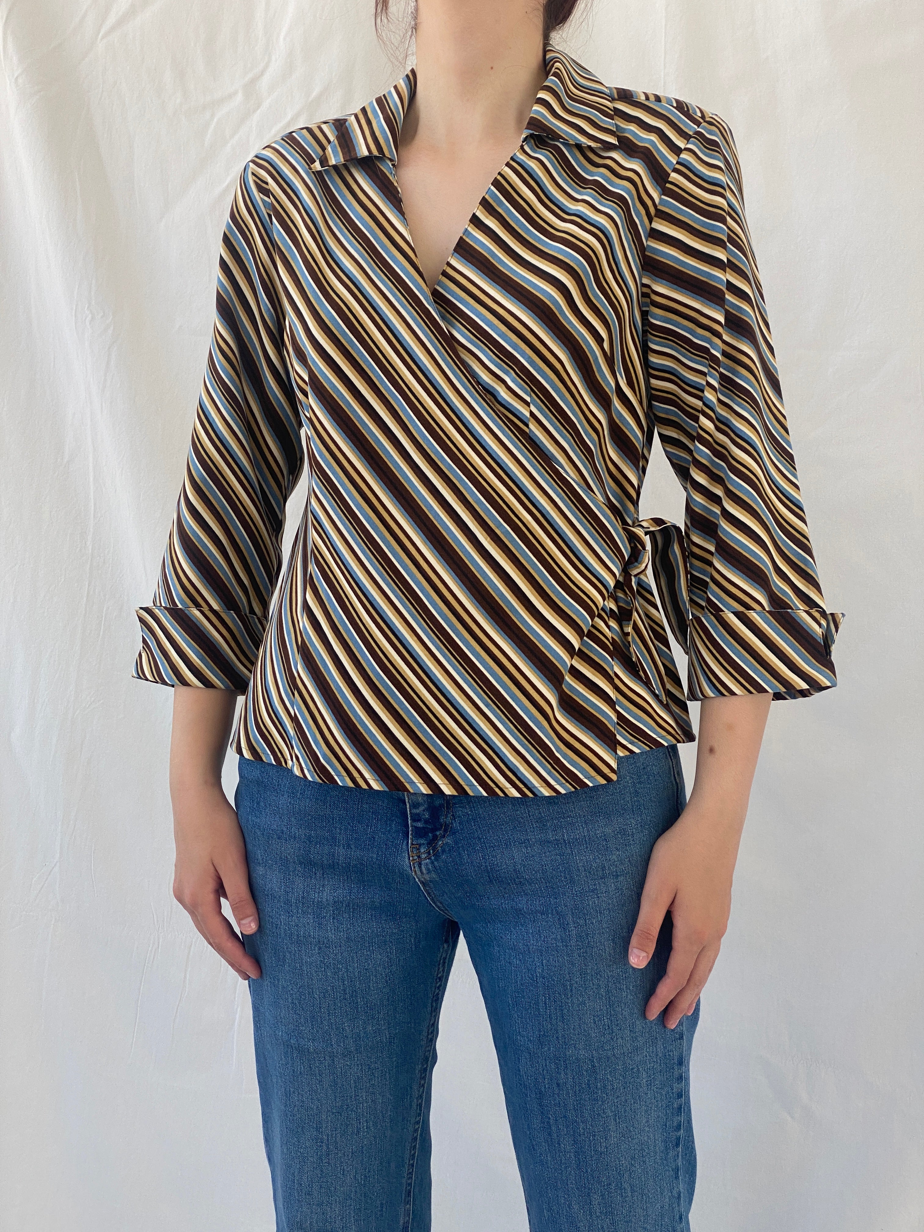 Vintage Selene Sport Striped Multi Colored Shirt Wrap Around Top - M