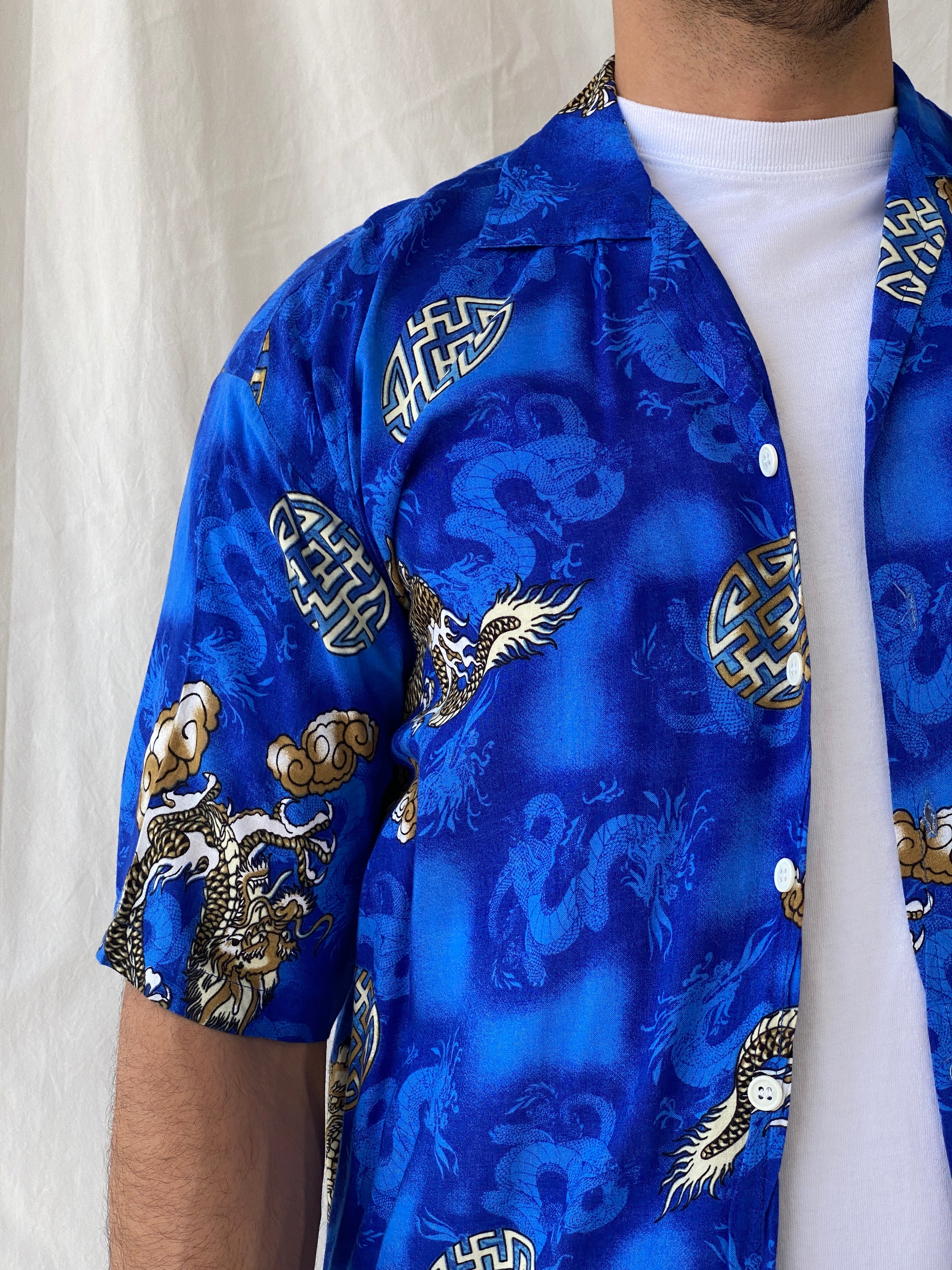 Vintage Y2K Dragon Print Short Sleeve Button Up Men’s Blue Shirt - L