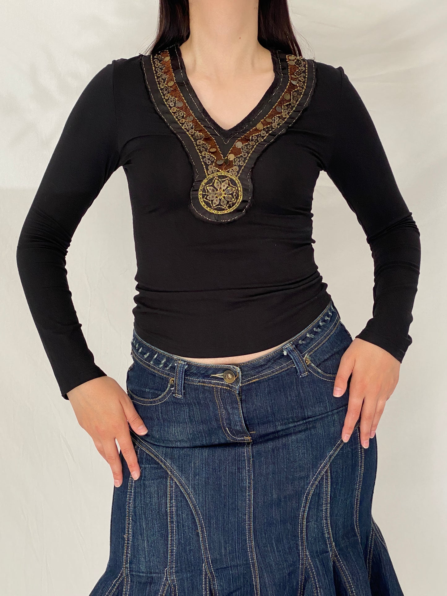 Vintage NOTE Black Embellished V-Neck Top Y2K Boho Stretch Long Sleeve Blouse - S
