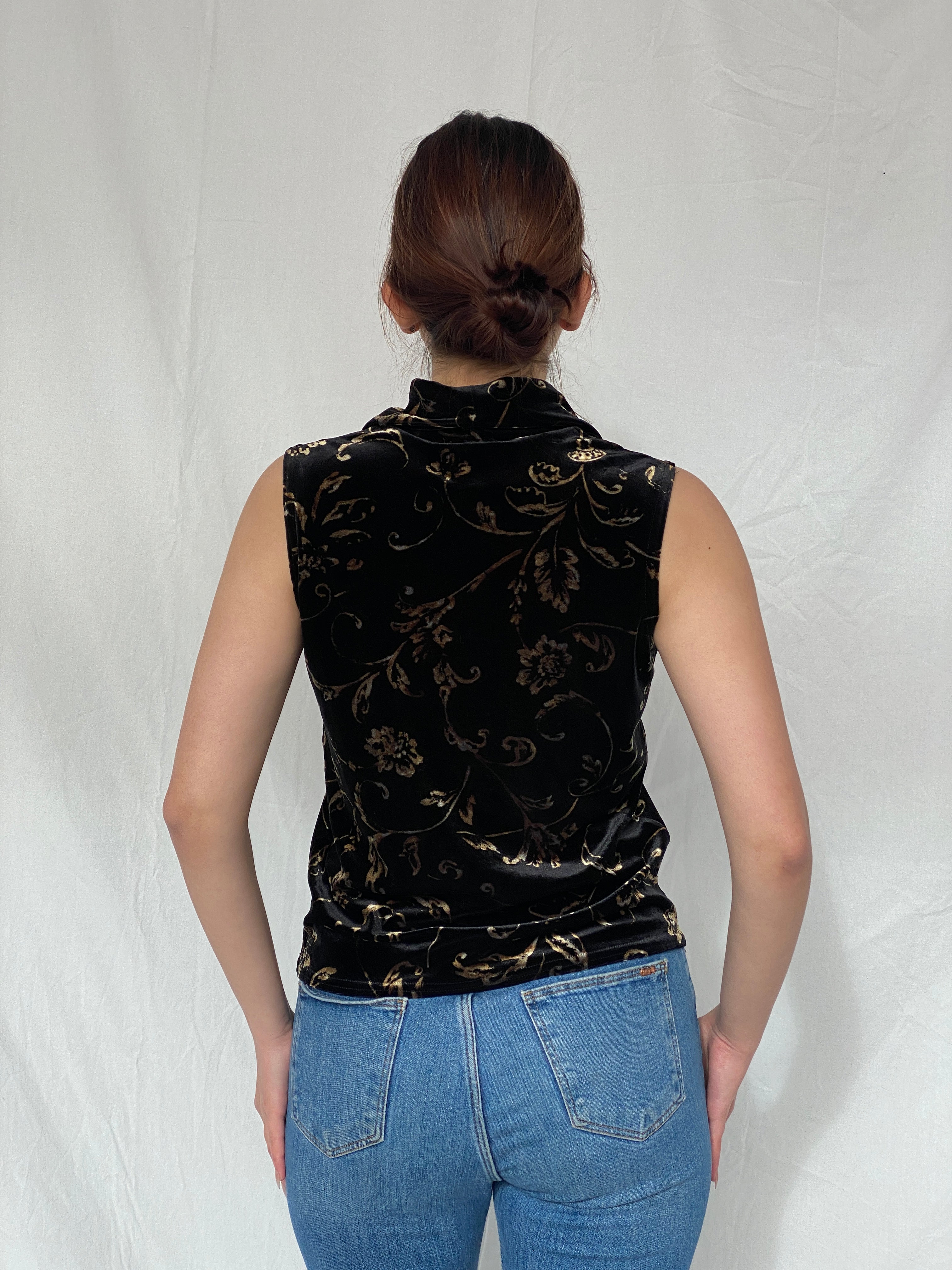 Vintage 90s Kathie Lee Collection Black & Gold Velvet Cowl Neck Women’s Sleeveless Top - M