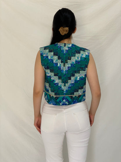 Vintage Handmade Blue & Green Quilted Patchwork Artisan Vest – M