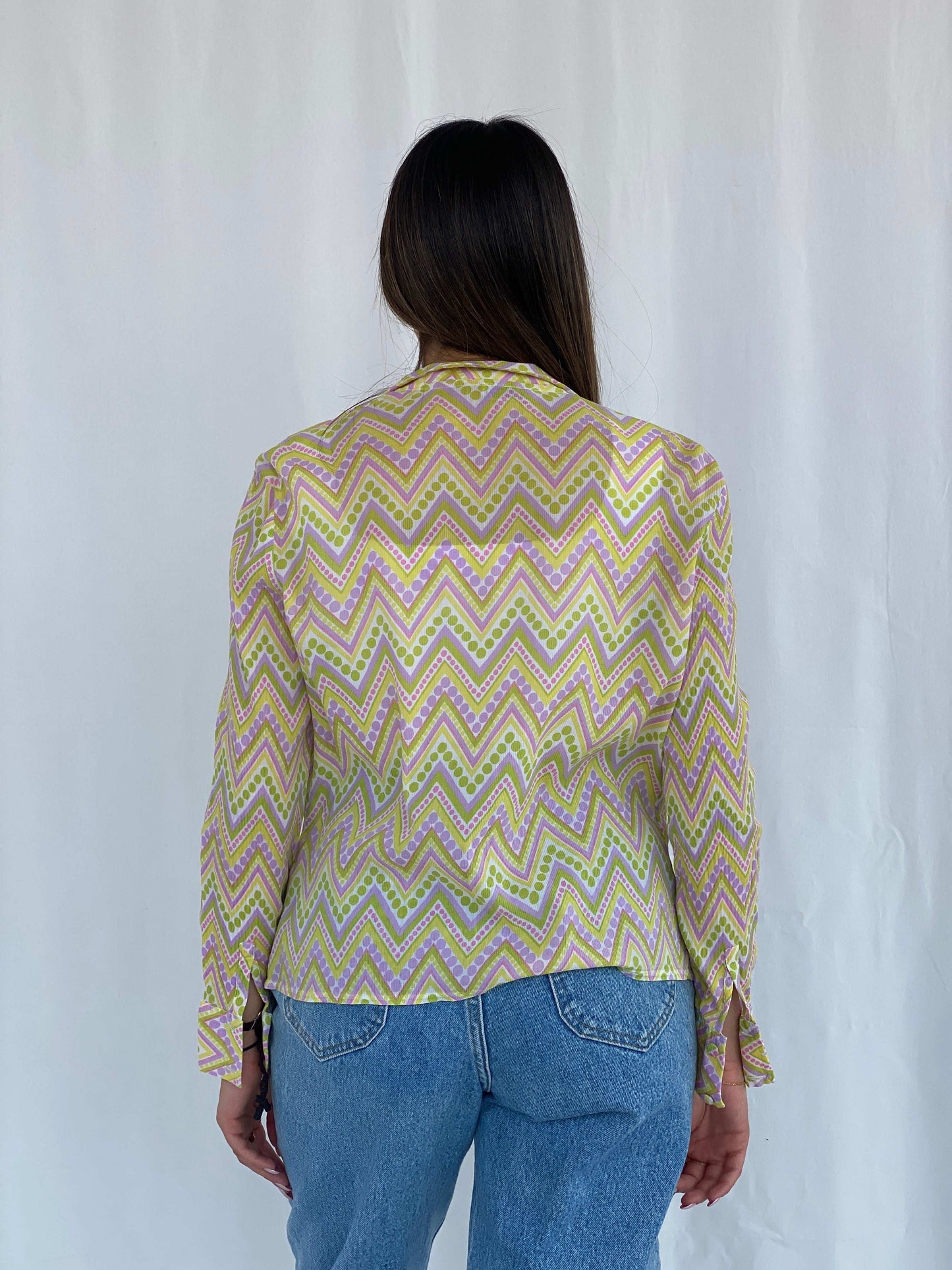 Vintage 90s Douchka Paris Yellow Geometric Sheer Shirt Size S - Balagan Vintage Full Sleeve Shirt 90s, full sleeve shirt, geometric print, groovy shirt, Juana, NEW IN, women skirt