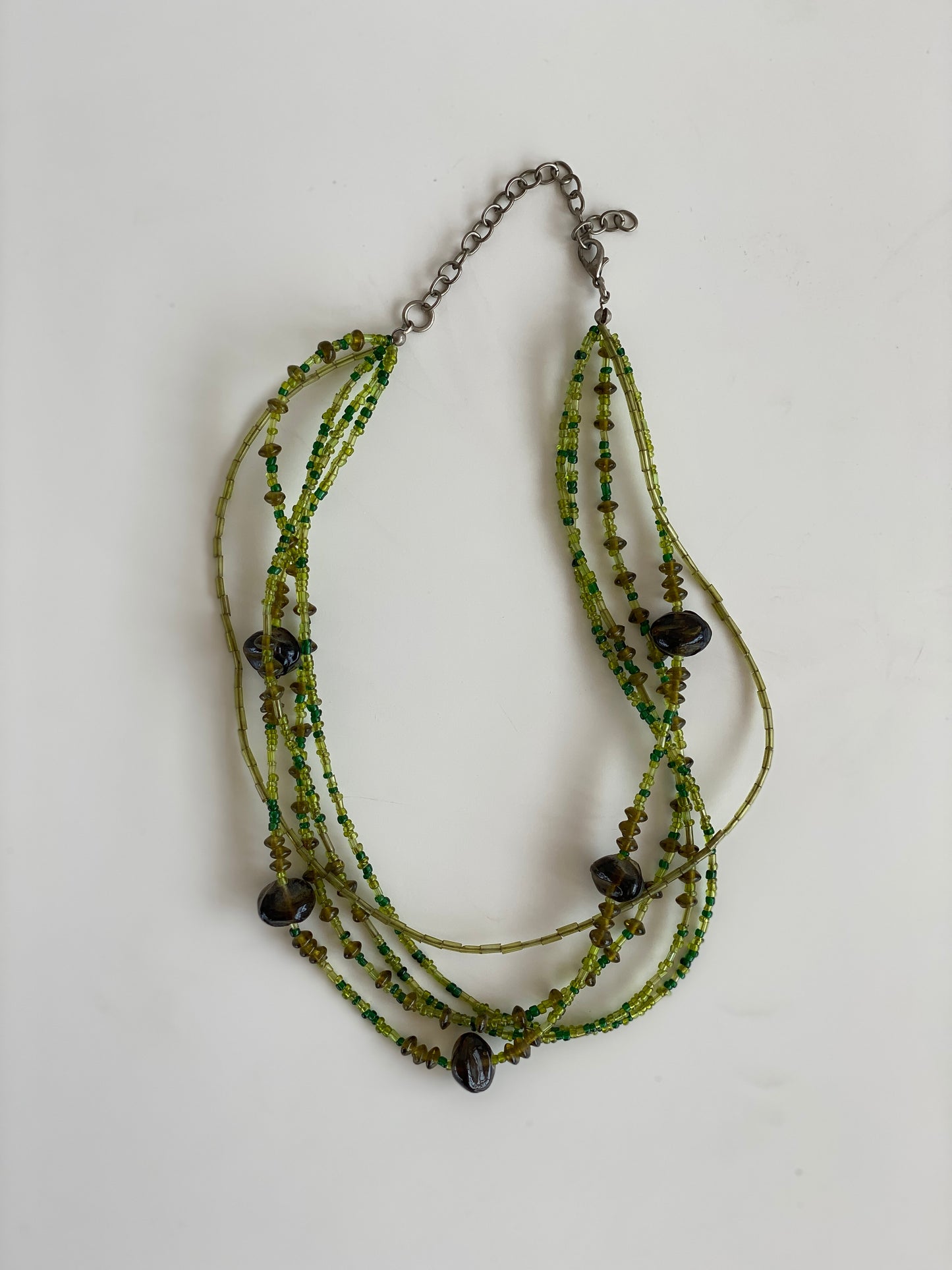 Vintage Green Multi-Strand Glass Bead Chocker Necklace – Layered Boho Statement Jewelry