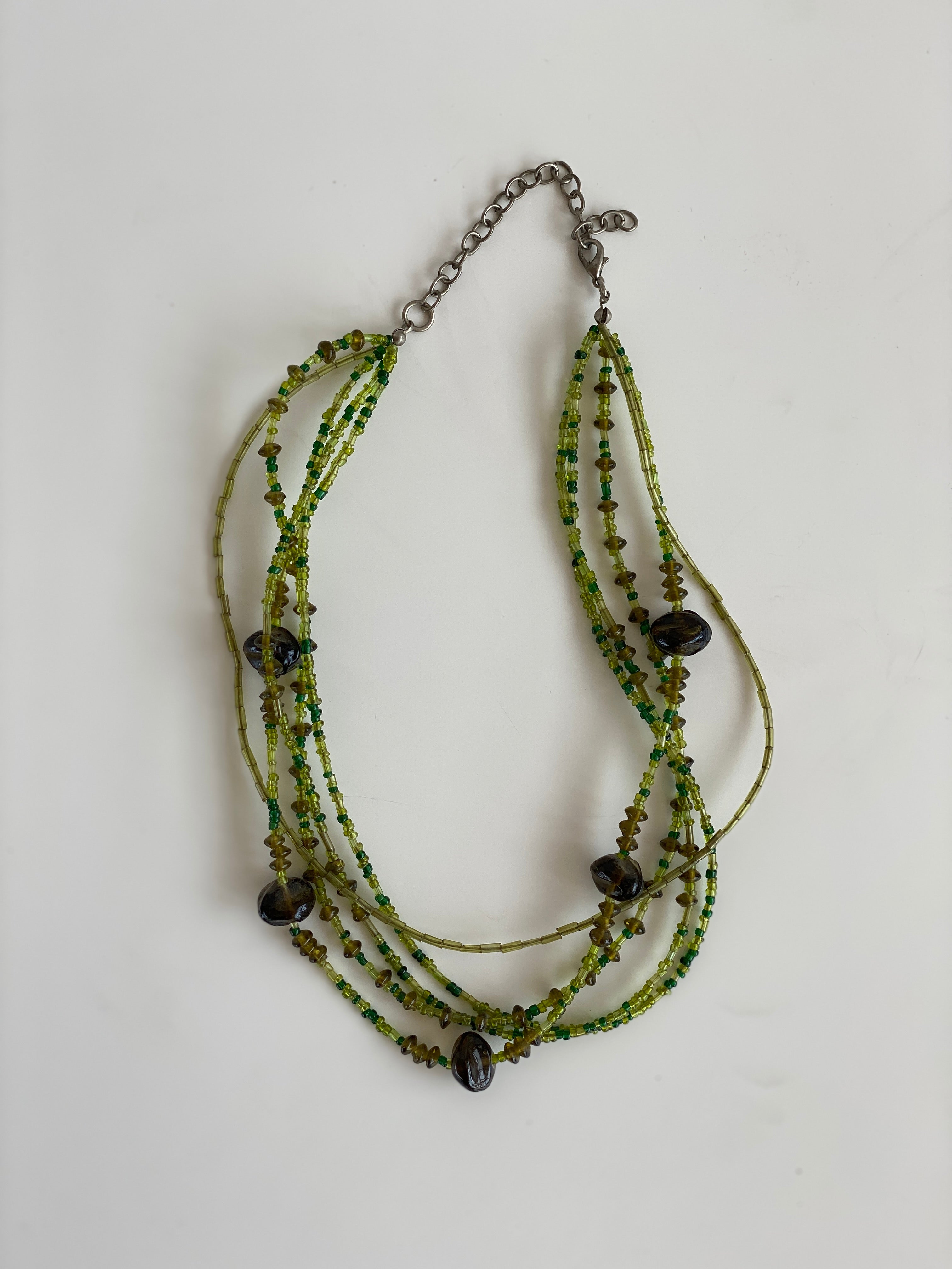 Vintage Green Multi-Strand Glass Bead Chocker Necklace – Layered Boho Statement Jewelry