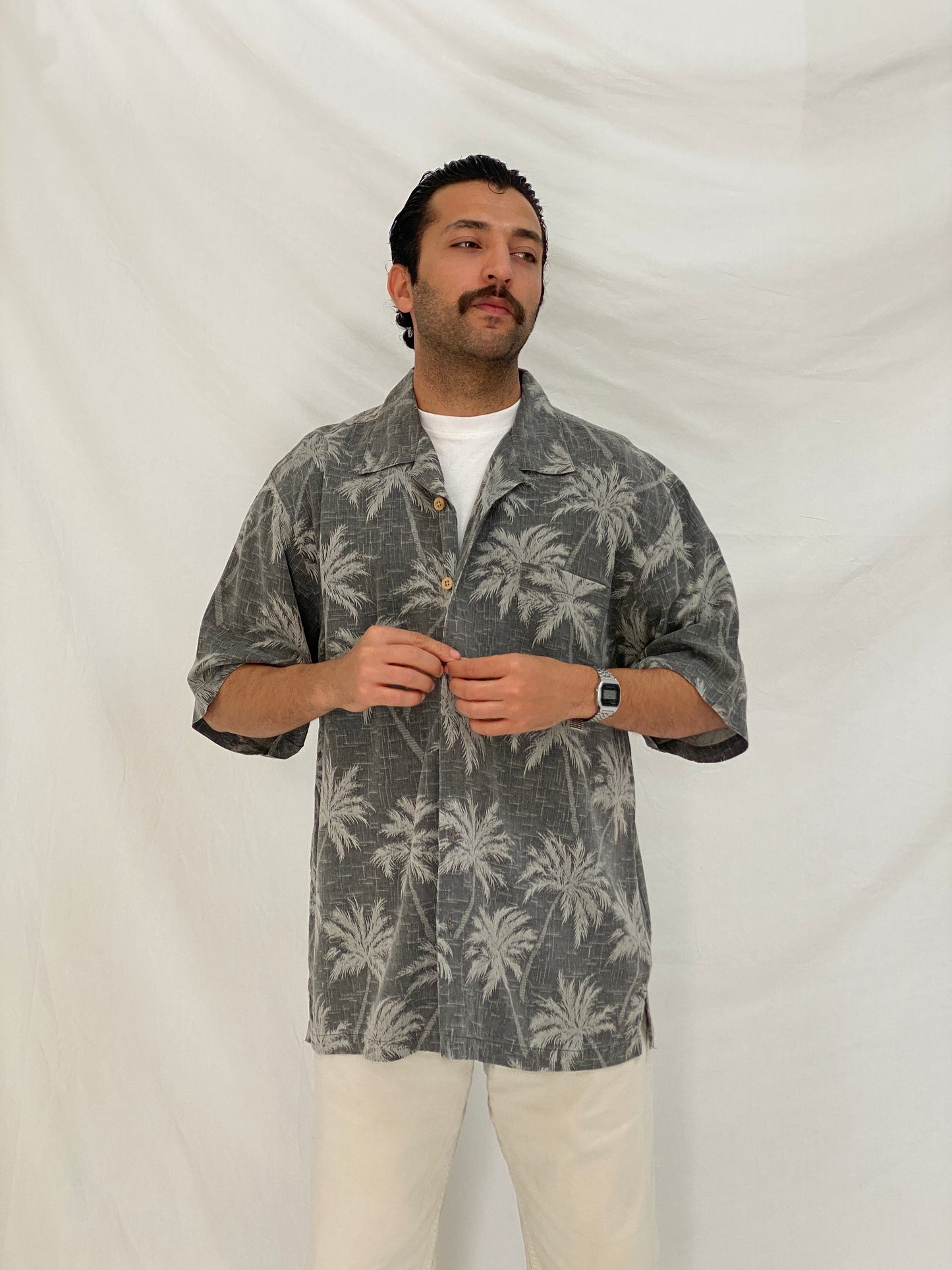 Vintage Jamaica Jaxx Grey Palm Tree Silk Men’s Vacation Shirt – L