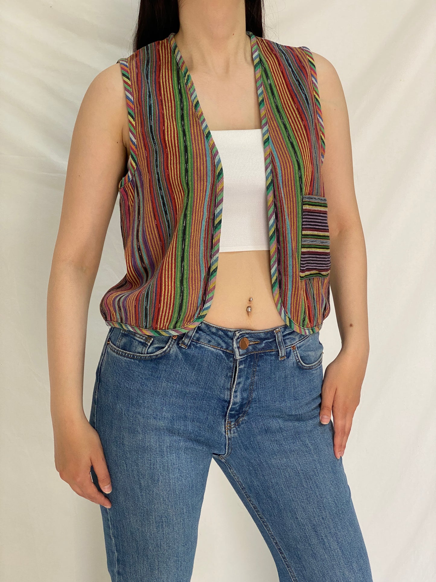 Vintage Esprit 100% Cotton Guatemalan Striped Vest Rainbow Boho Hippie Festival Open Front Waistcoat – M