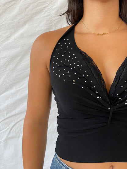 00s USA VIZIO Beaded Black Halter Top With Lace Details - S