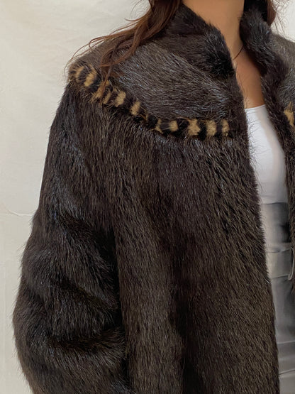 Vintage Real Raccoon Fur Coat Dark Brown Long-Hair Luxury Winter Jacket - L