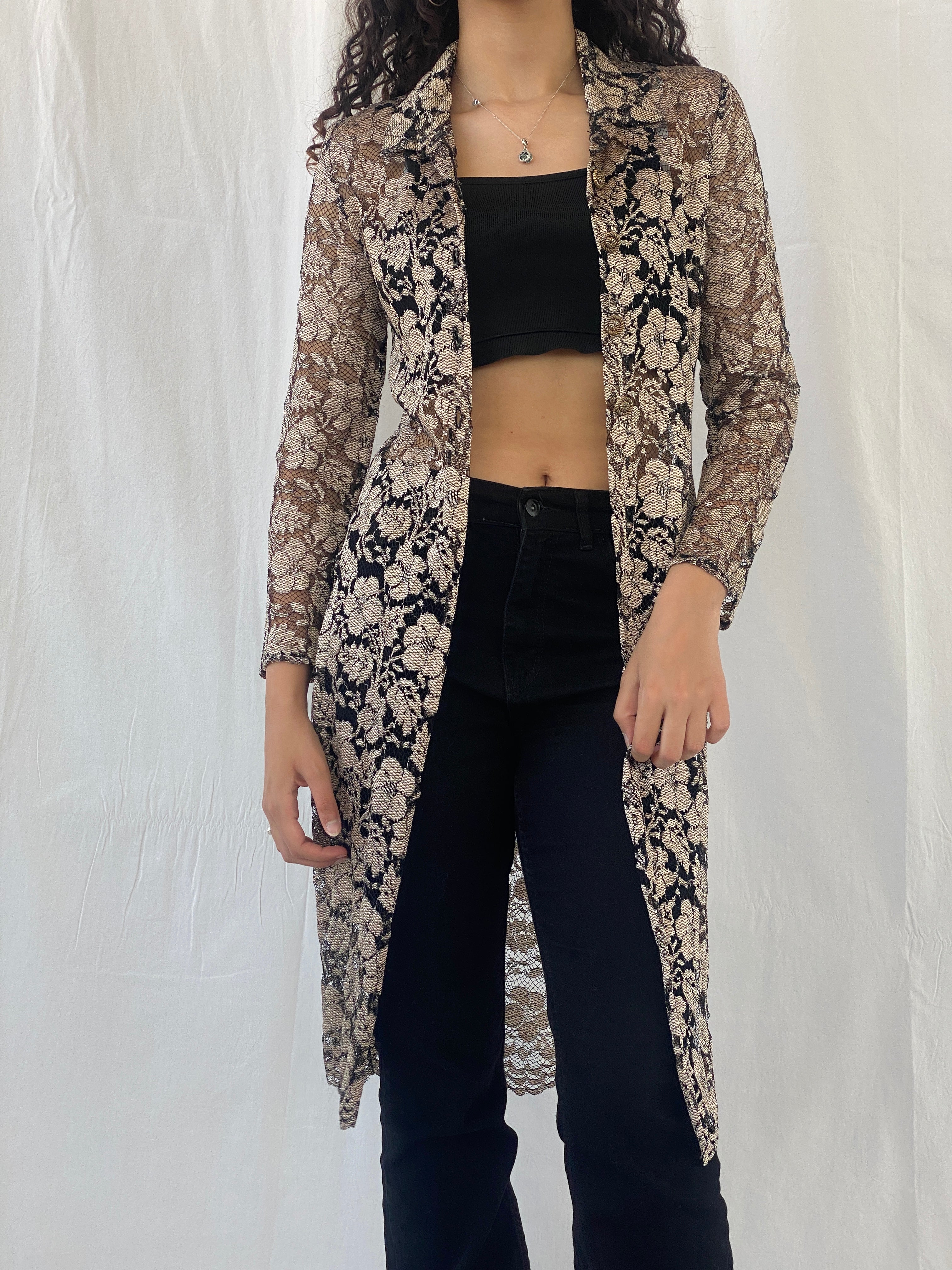 Stunning 90s Wallis Petite Gold Black Lace Long Cardigan - M