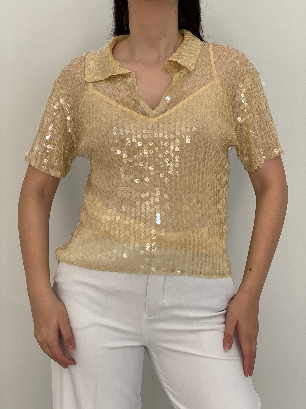 Y2K Zara Champagne Gold Sheer Mesh Sequin Collared Top - S