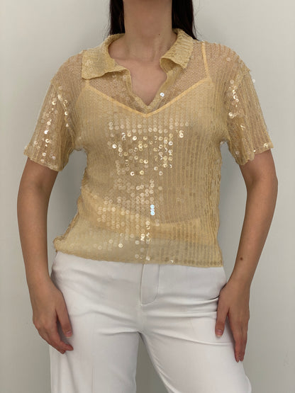 Y2K Zara Champagne Gold Sheer Mesh Sequin Collared Top - S