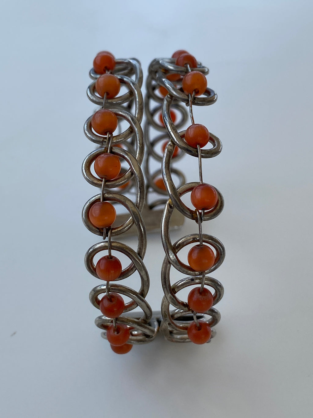 Vintage Wire Wrapped Bracelet with Orange Glass Beads – Retro Boho Jewelry