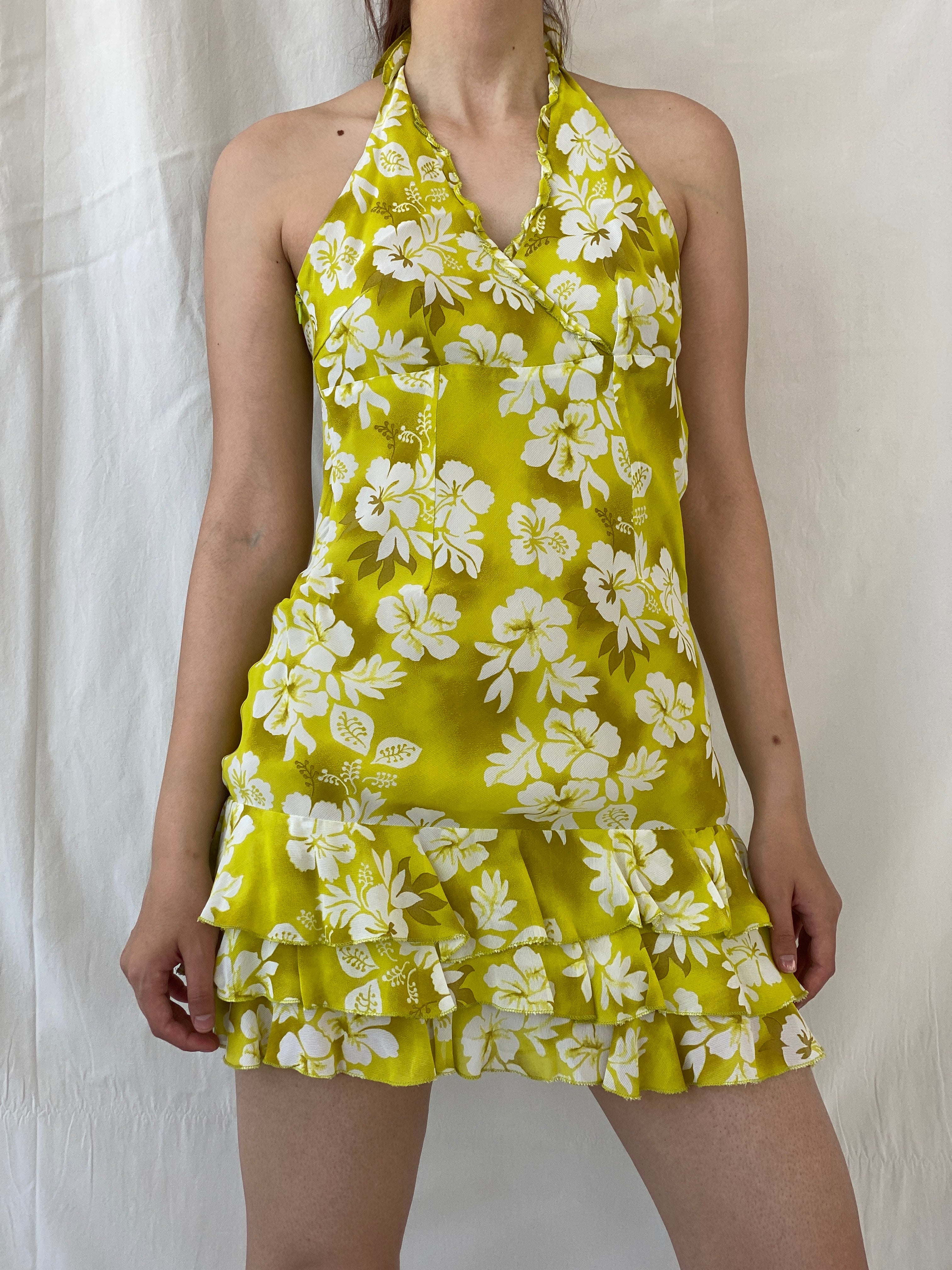 Vintage Bellino Lime Green Floral Halter Mini Summer Dress - M