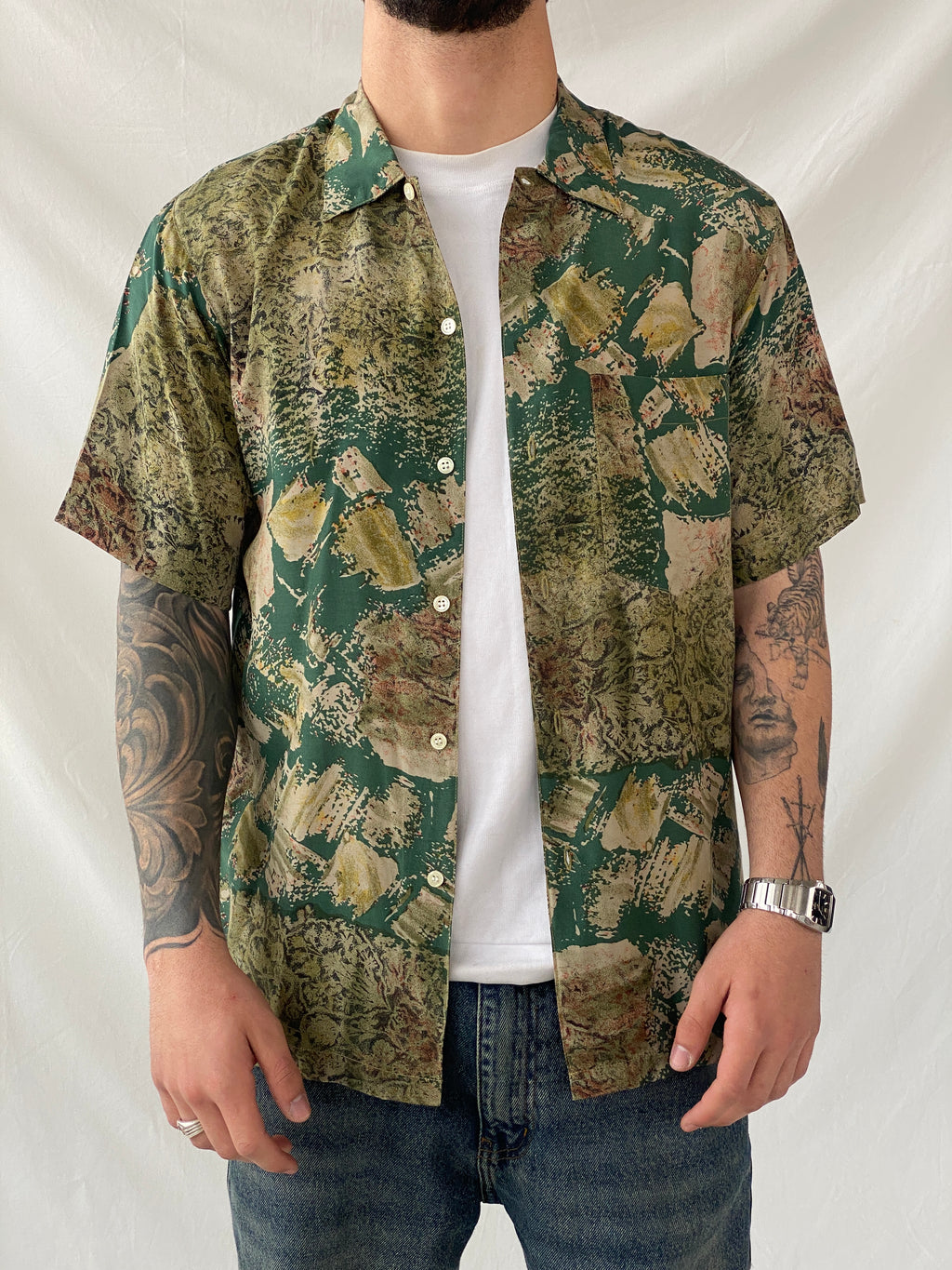 Vintage 90s Oleg Cassini Green Half Sleeve Men‘s Shirt - M