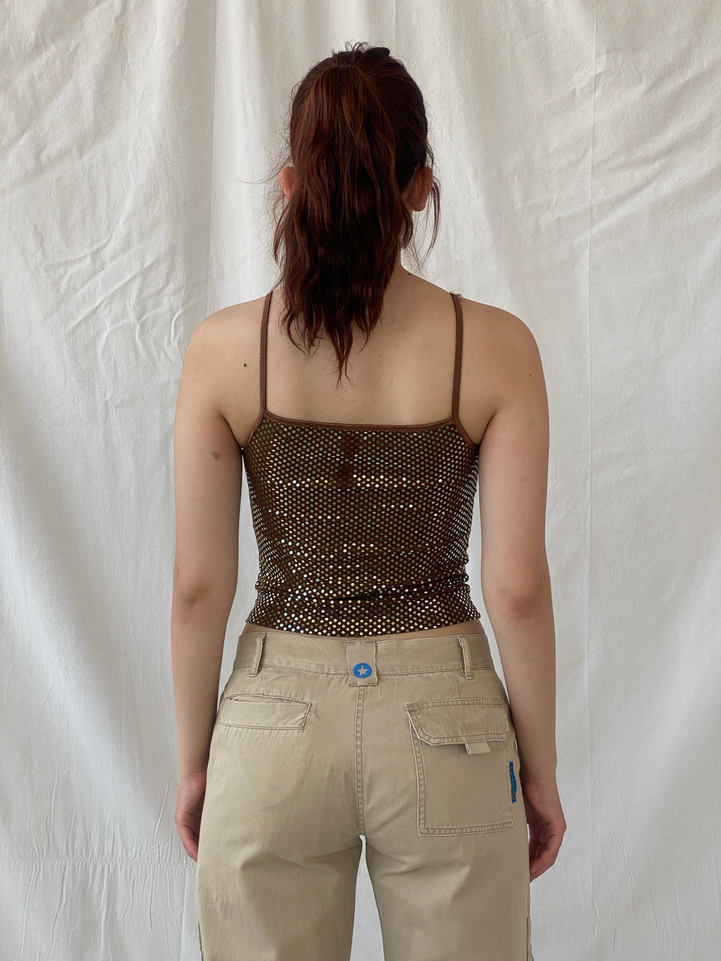 Y2K Brown Copper Glittery Cropped Cami Top - S