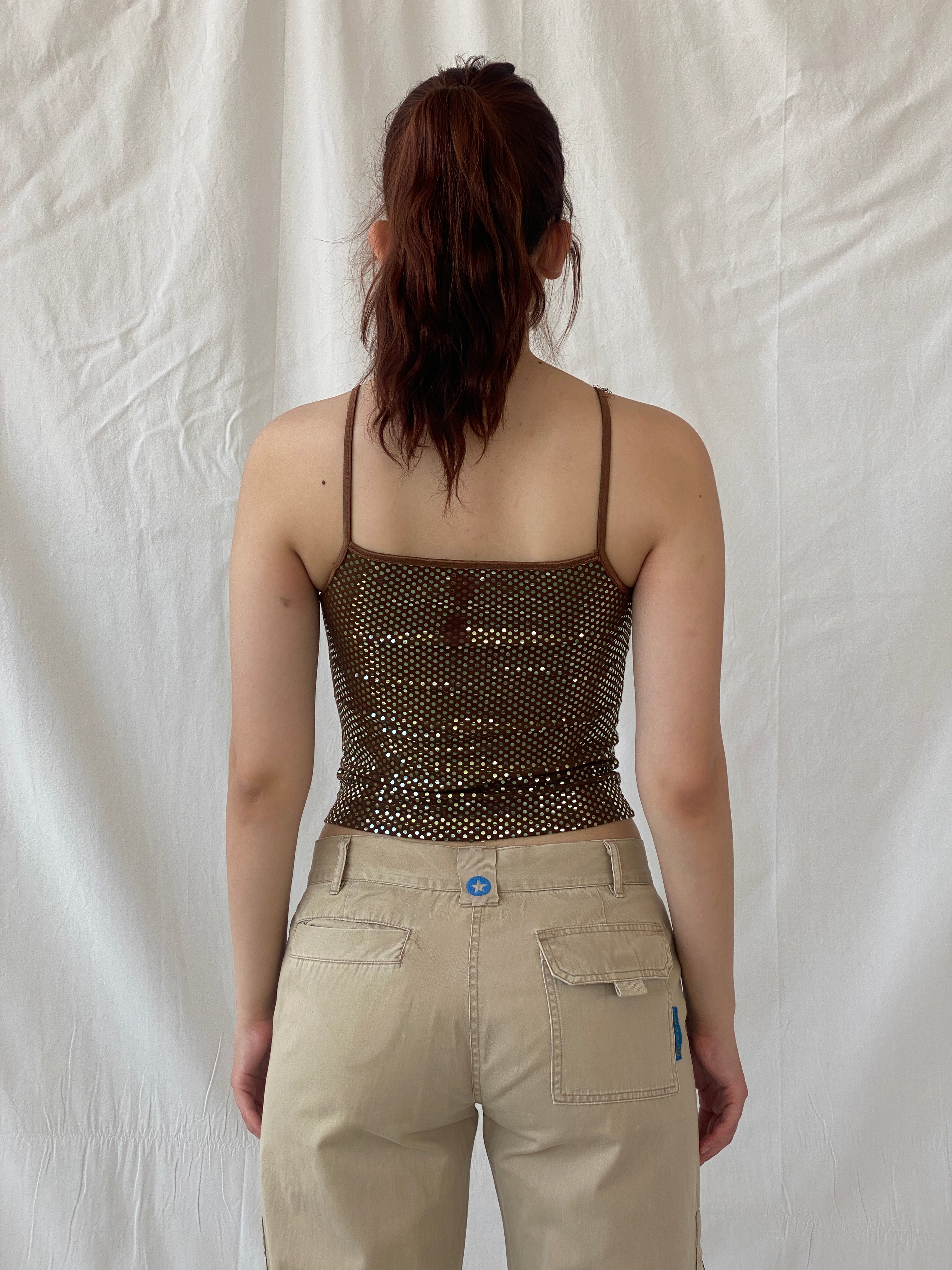 Y2K Brown Copper Glittery Cropped Cami Top - S