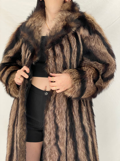 Vintage Handmade Real Raccoon Fur Brown Long Coat Luxury Statement Coat - L