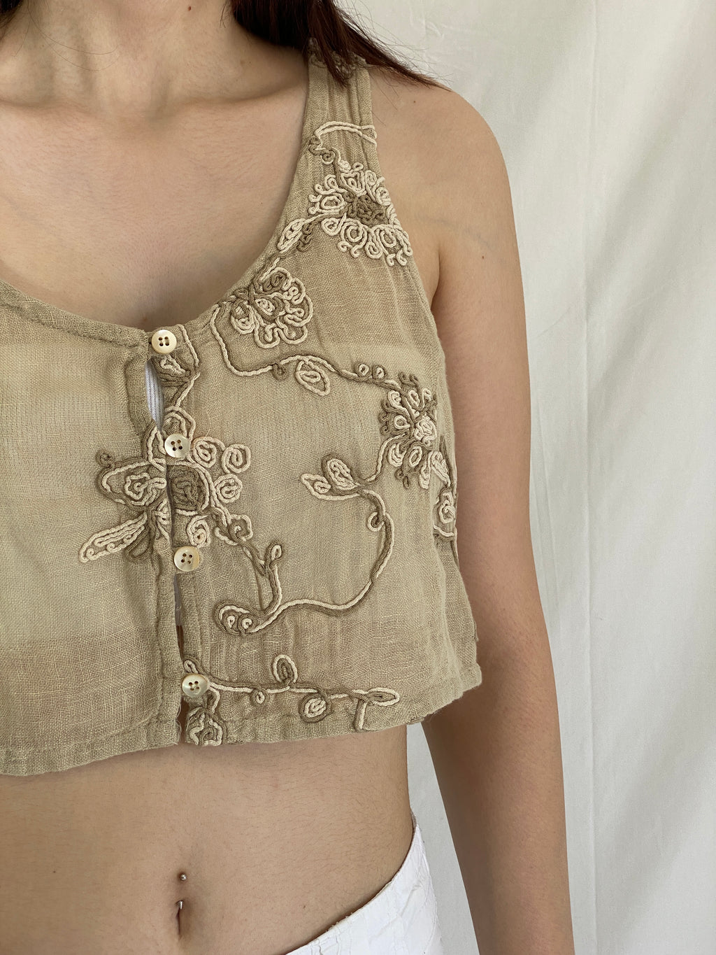 Hucke Berlin Linen Cropped Vest Embroidered Button Front Beige Sleeveless Top - M