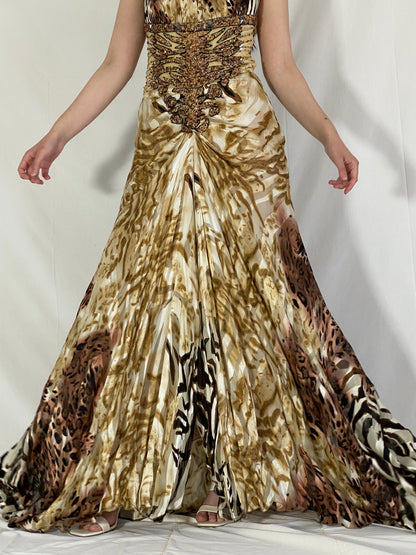 Statement Y2K Alrajaa Couture Beaded Animal Print Halter Evening Gown Roberto Cavalli Style - S