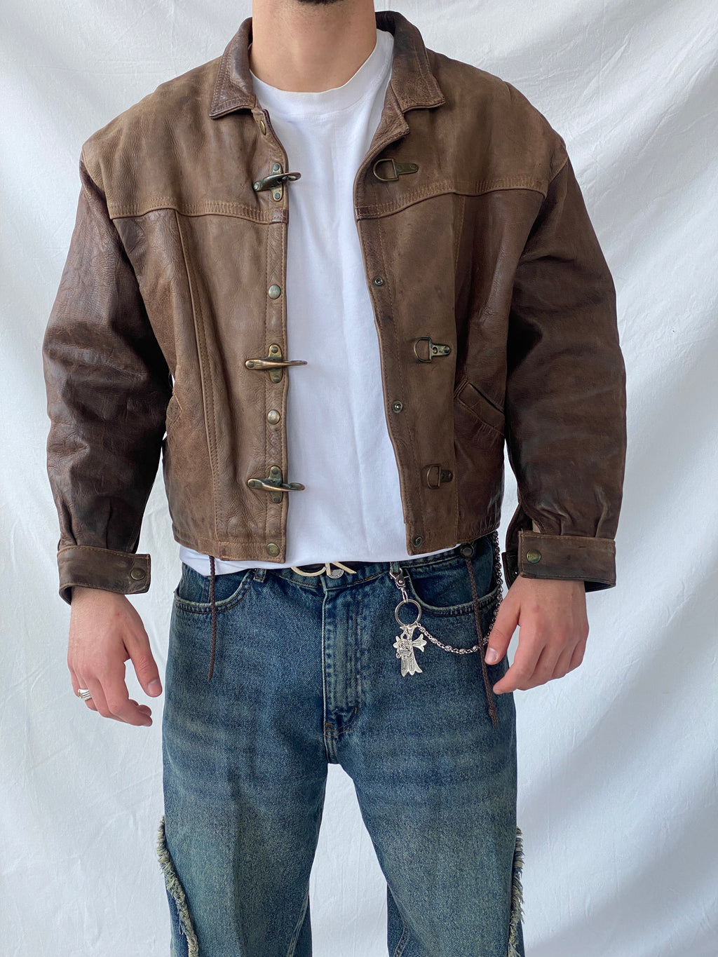 Vintage GELY CUIR Paris Genuine Brown Leather Cropped Heavy Bomber Jacket - S