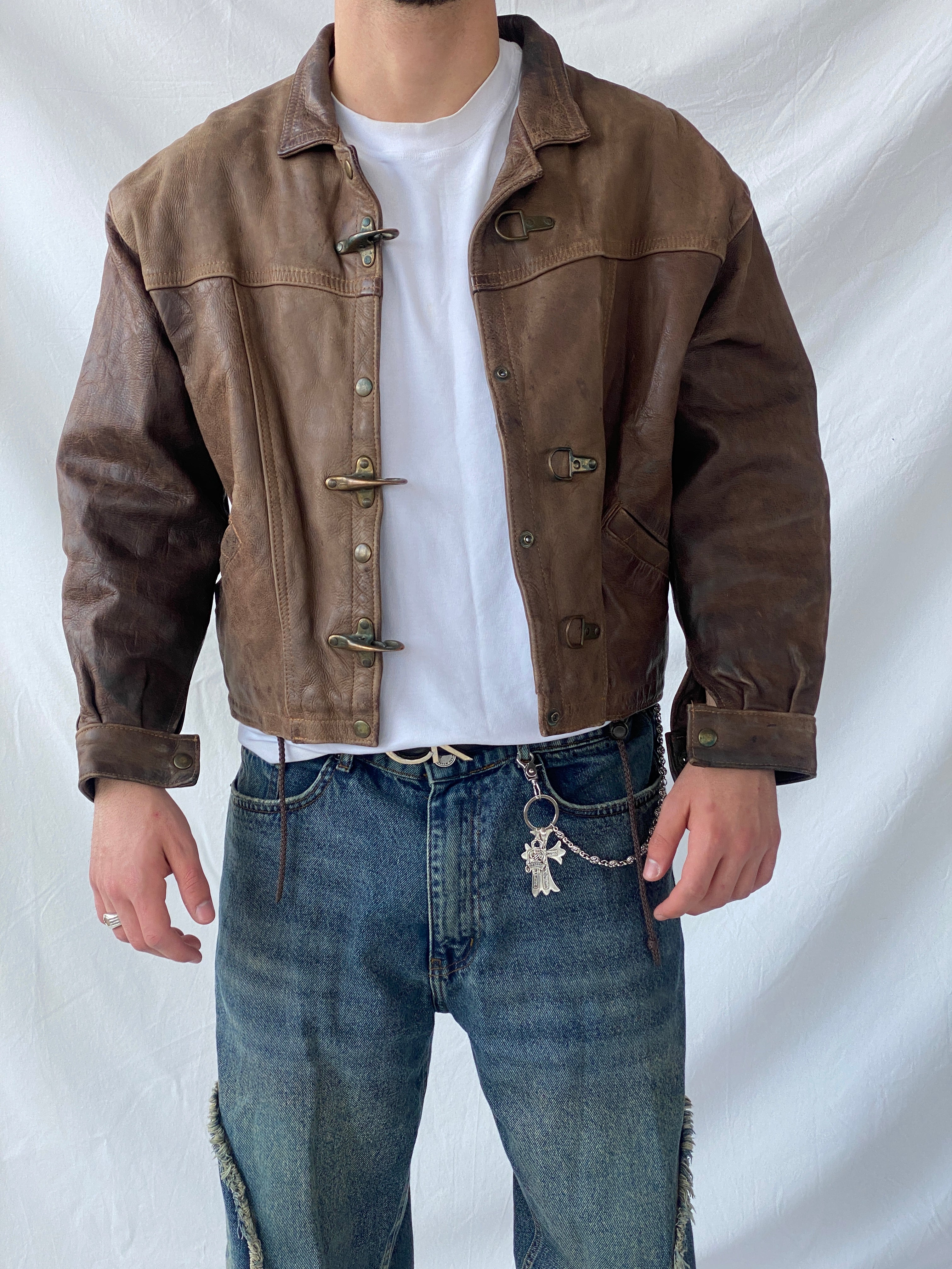 Vintage GELY CUIR Paris Genuine Brown Leather Cropped Heavy Bomber Jacket - S