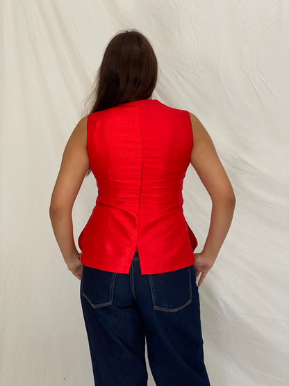 Vintage Handmade Japanese-Inspired Red Shantung Sleeveless Top – L