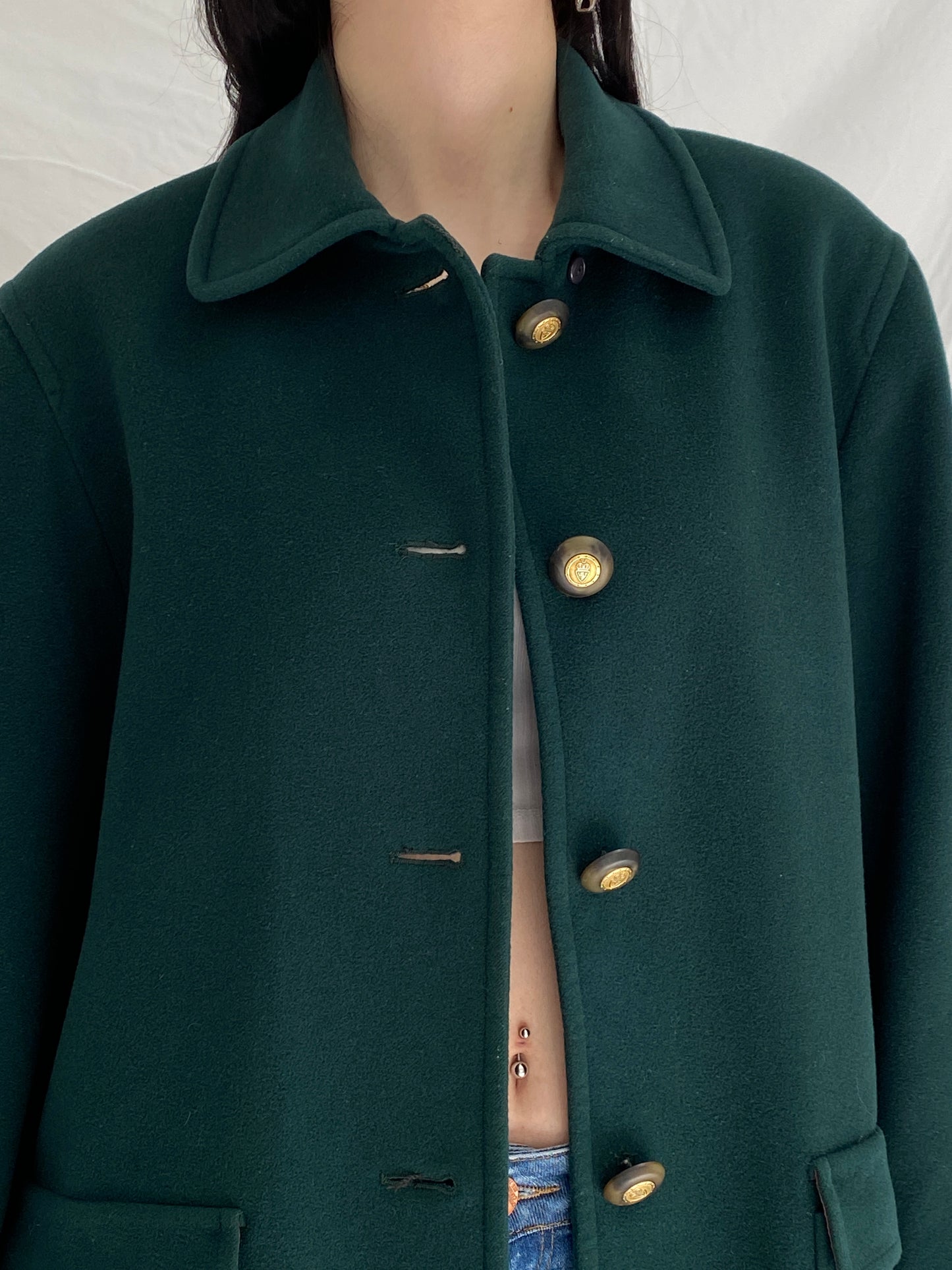 Vintage Viyella Green Wool Coat 90s Classic Tailored Wool Jacket, Minimalist Heritage Coat - L