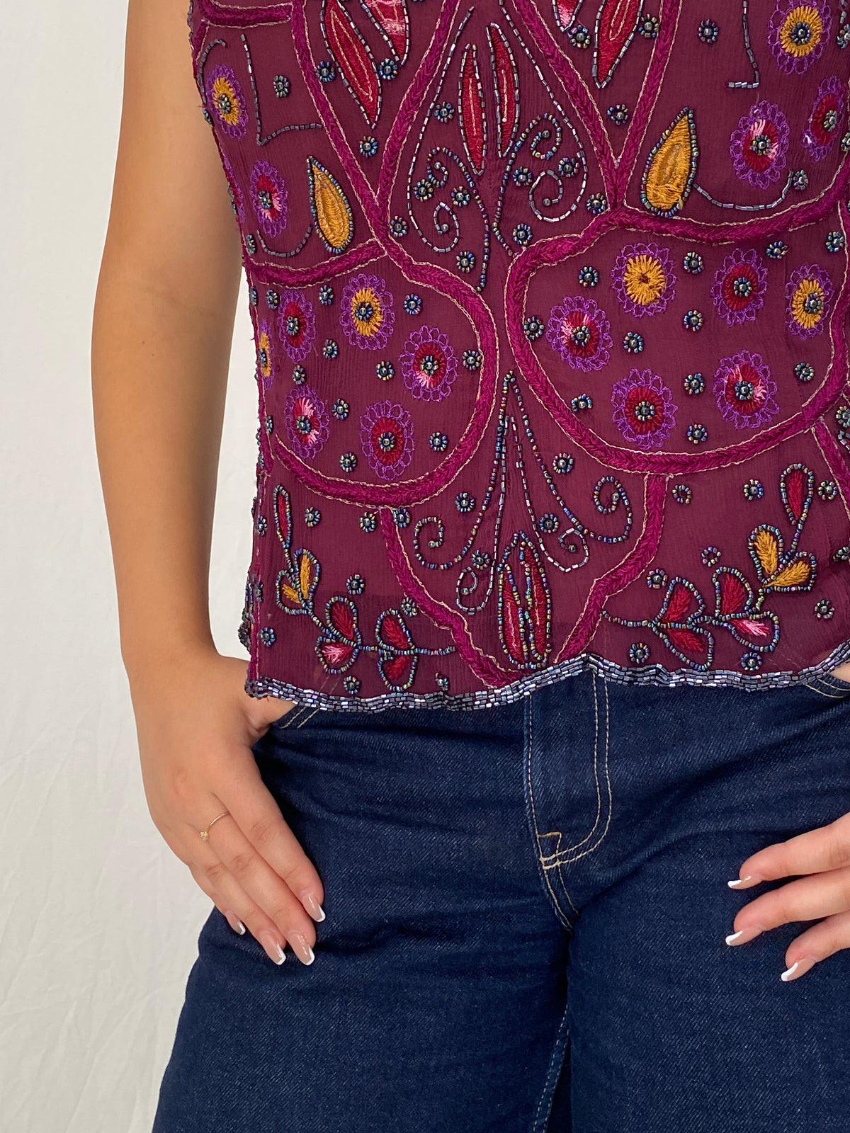 Vintage Beaded Embroidered Burgundy Handmade Evening Top - L Vintage Beaded Embroidered Burgundy Handmade Evening Top - L