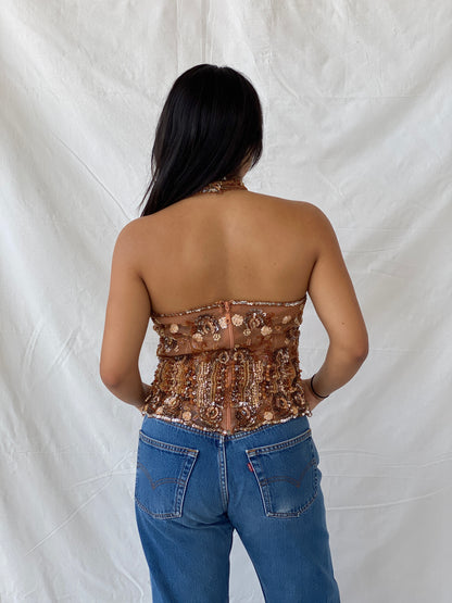 Vintage Beaded Sheer Halter Top - M