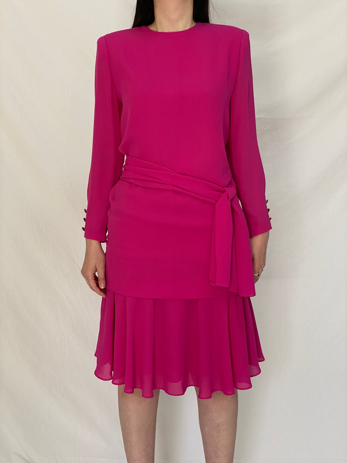Vintage 80s Henry-Lee Hot Pink Statement Shoulder Mini Dress - S
