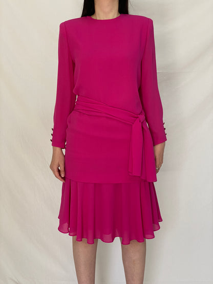 Vintage 80s Henry-Lee Hot Pink Statement Shoulder Mini Dress - S
