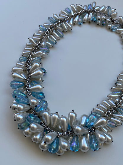 Vintage Faux Pearl & Iridescent Beaded Cluster Necklace Y2K Glam Jewelry