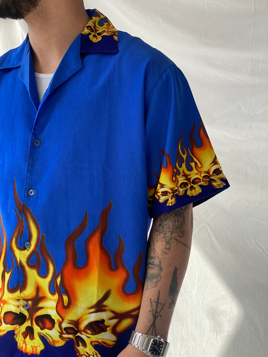 Men’s Flamed Skull Blue Short Sleeve Button Up Shirt - L