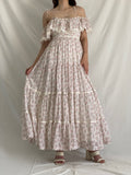Vintage Gunne Sax by Jessica San Francisco Floral Cottagecore Maxi Dress Off Shoulder Ruffle Lace Prairie Gown - M