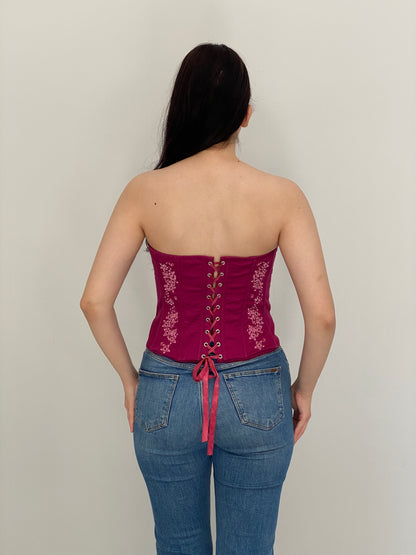 Vintage Y2K KRISP Cotton Embroidered Lace-Up Corset Top - M