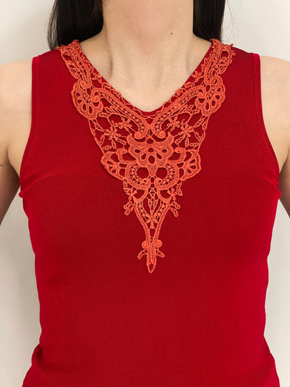 Y2K 2Xtremz Red Sleeveless Top with Orange Lace Embroidery – M