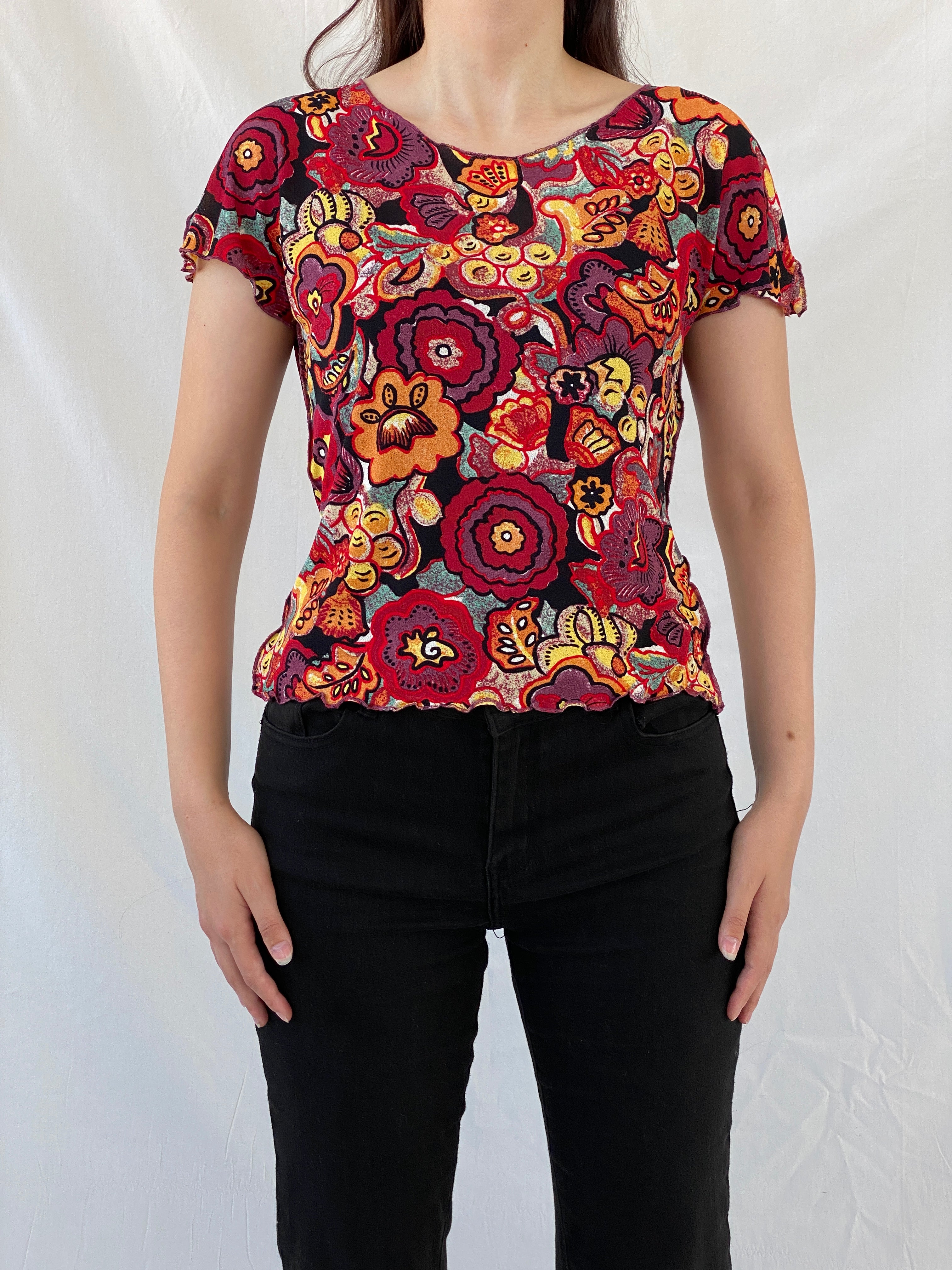 Vintage EMMA PERNELLE Groovy Floral Multicolor Mesh Top - XL