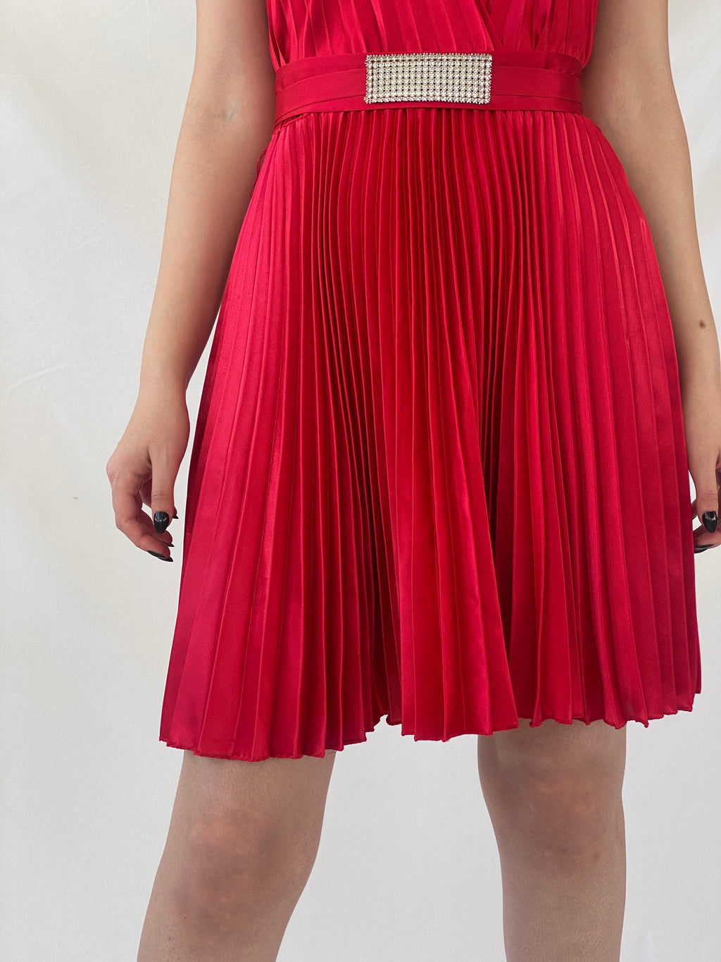 فستان جوزيف ريبكوف أحمر مطوي بياقة دائرية - مقاس صغير Y2K