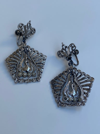 Vintage Silver-Tone Swan Screw-Back Dangle Earrings with Faux Pearls Mid-Century Statement Clip Earrings