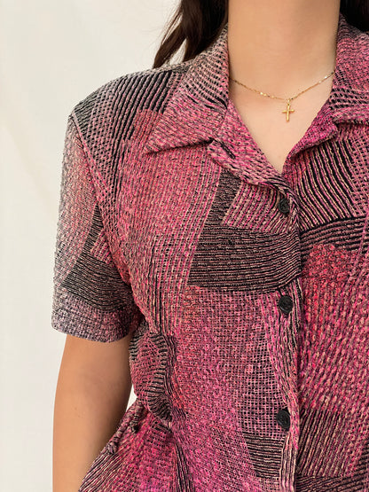 Vintage Positive Attitude Abstract Pink Button-Down Blouse Short Sleeve 90s Shirt - XL
