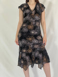 Vintage M&S Mode Black Floral Midi Dress Handkerchief Hem - S