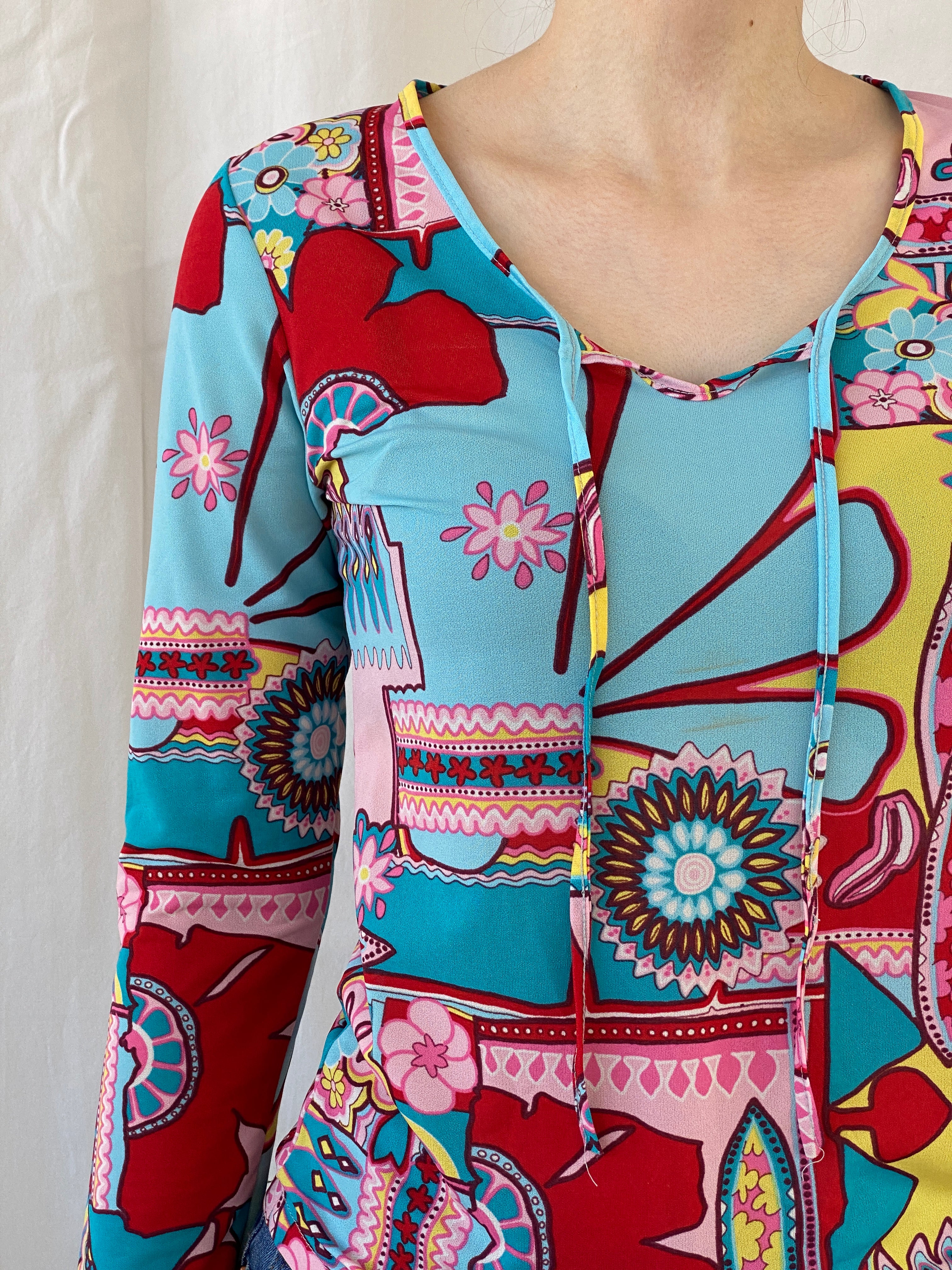 Vintage Colorful Mandala Floral Print Blouse Long Sleeve Groovy Top - M