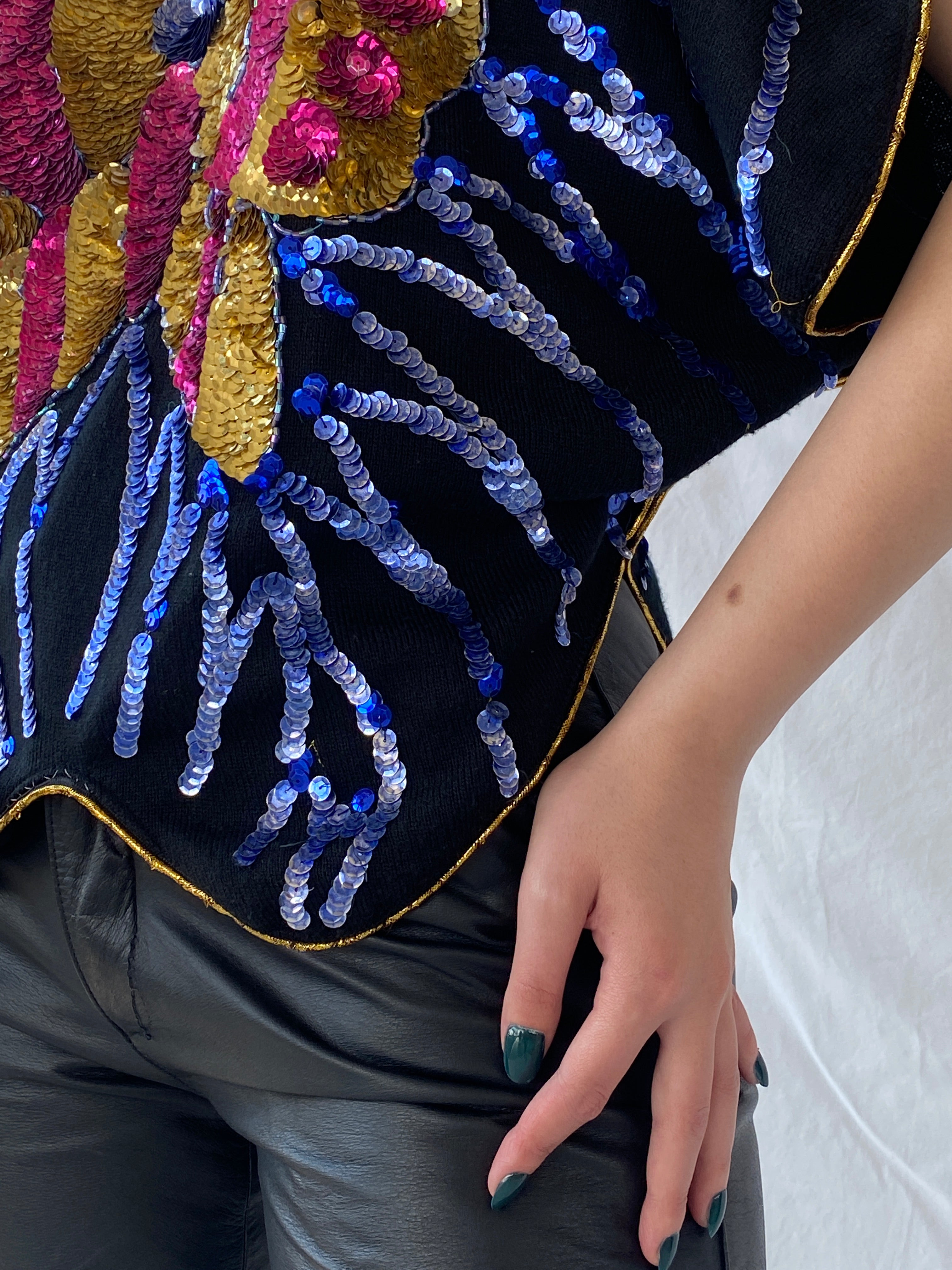 Vintage Y2K Alzouhour Sequined Butterfly Black Top - M