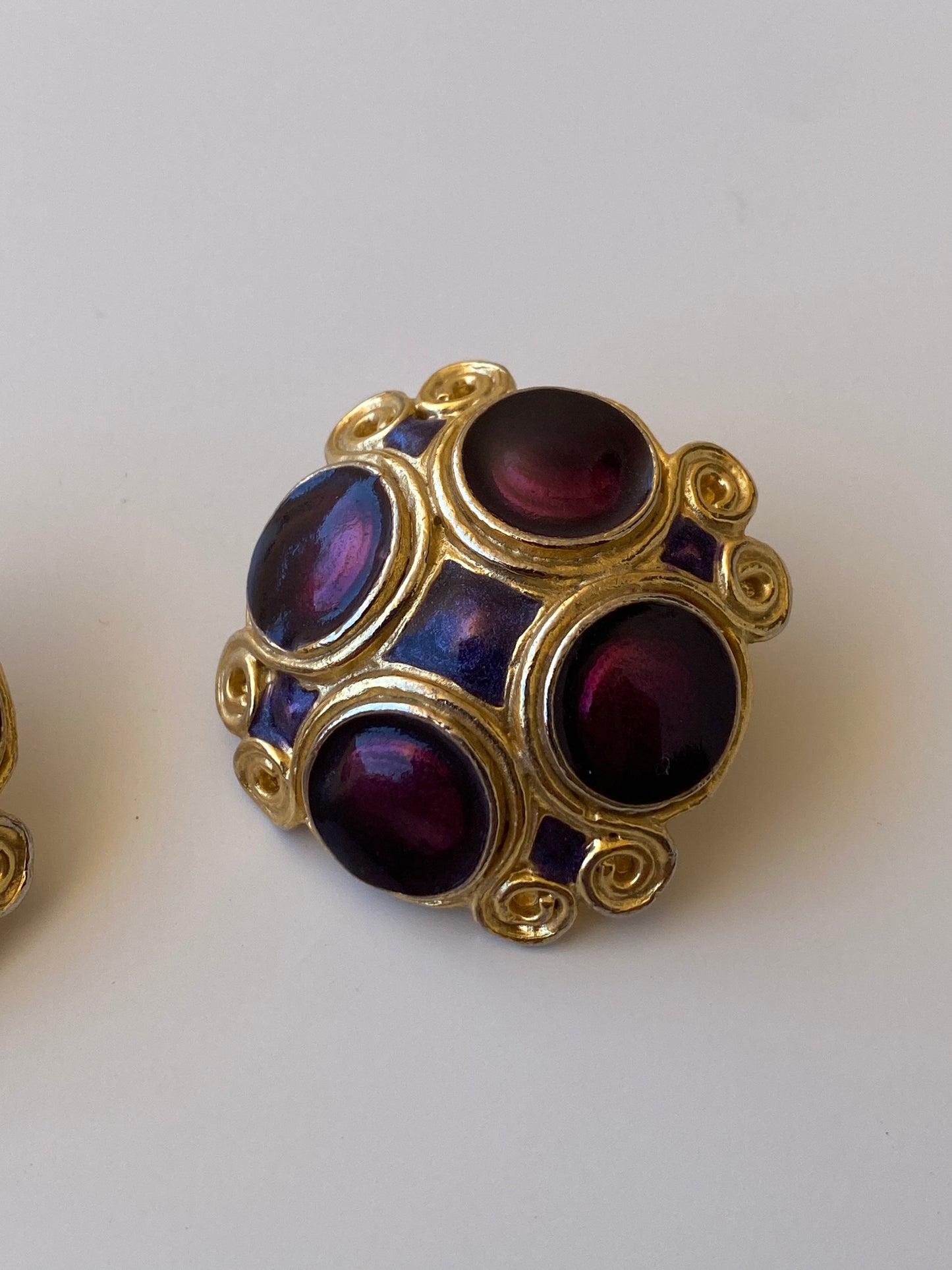 Vintage Jewel Tone Cabochon Stud Gold Tone Purple Statement Earrings