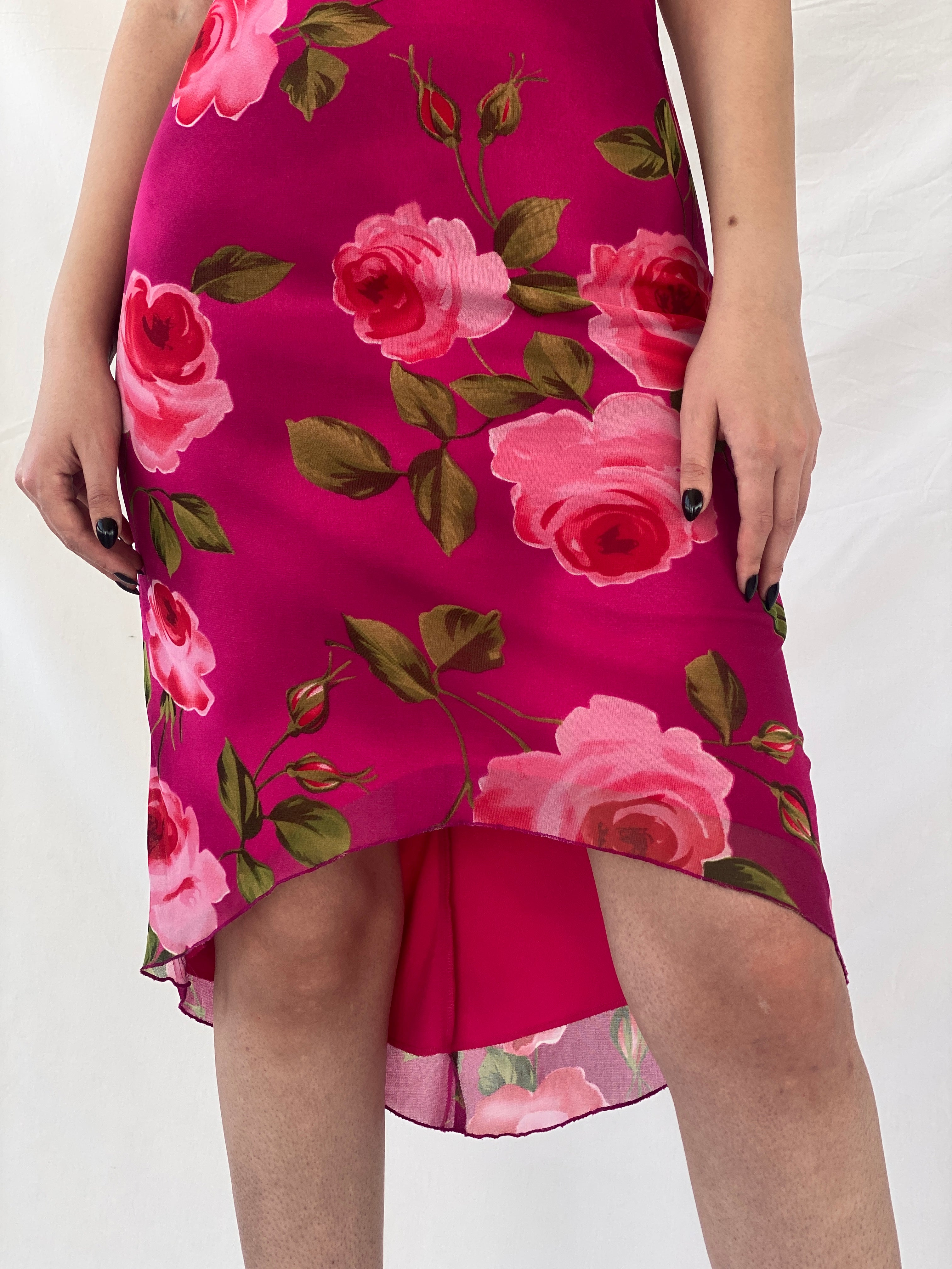 Vintage 90s Tropical Floral Midi Pink Sleeveless Dress - M