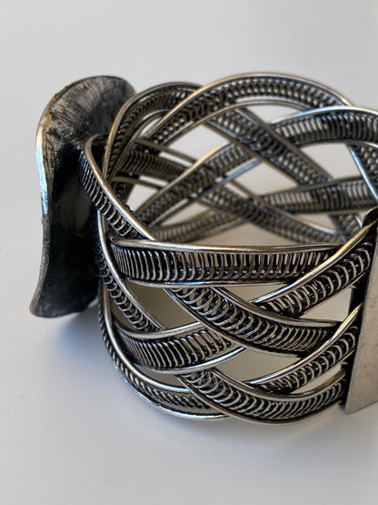 Vintage Tiger Eye Statement Cuff Bracelet Silver Tone Openwork Artisan Bangle