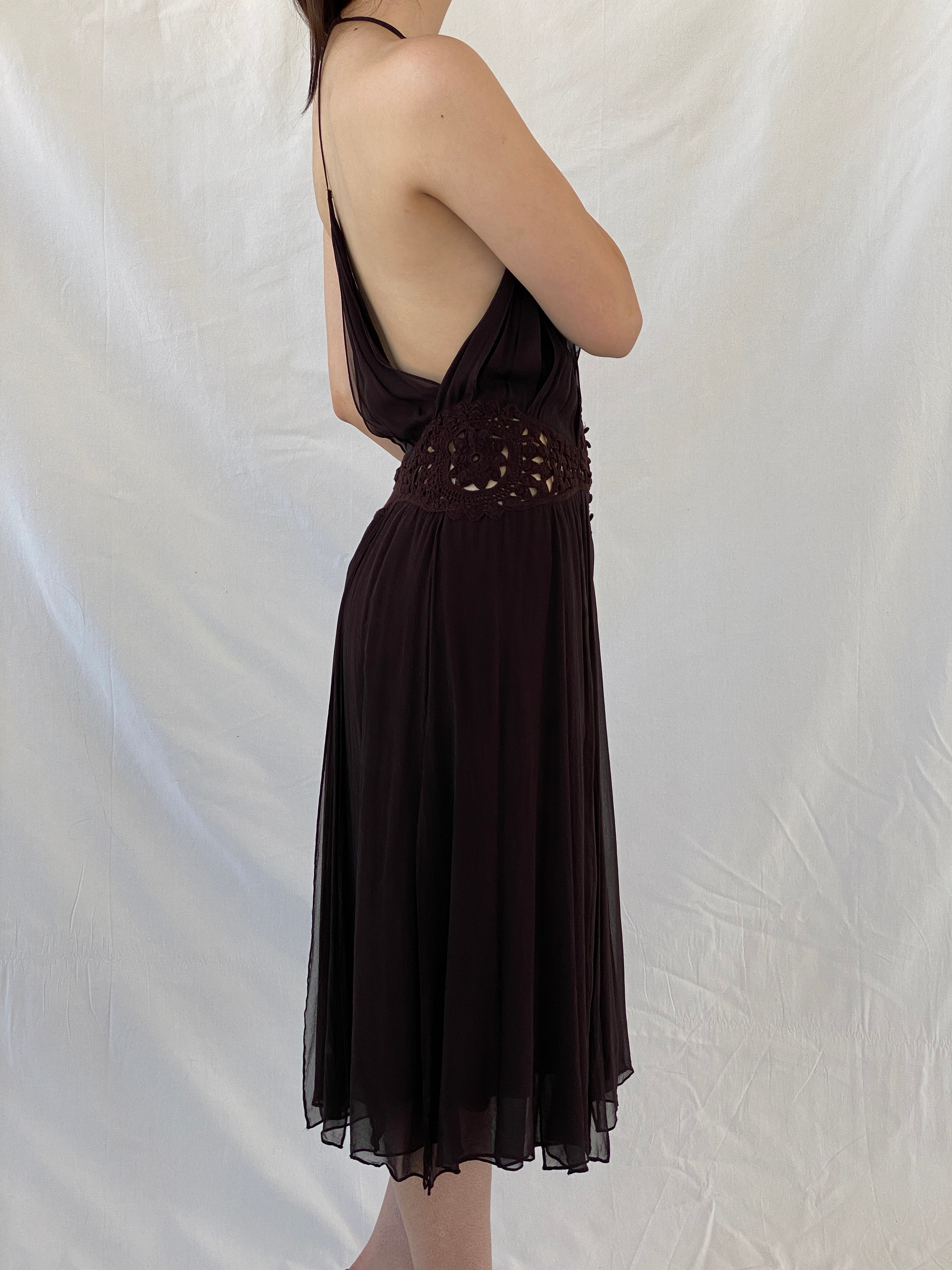 Gorgeous Max Azria Collection Silk Halter Midi Dress with Crochet Waist Detail - M