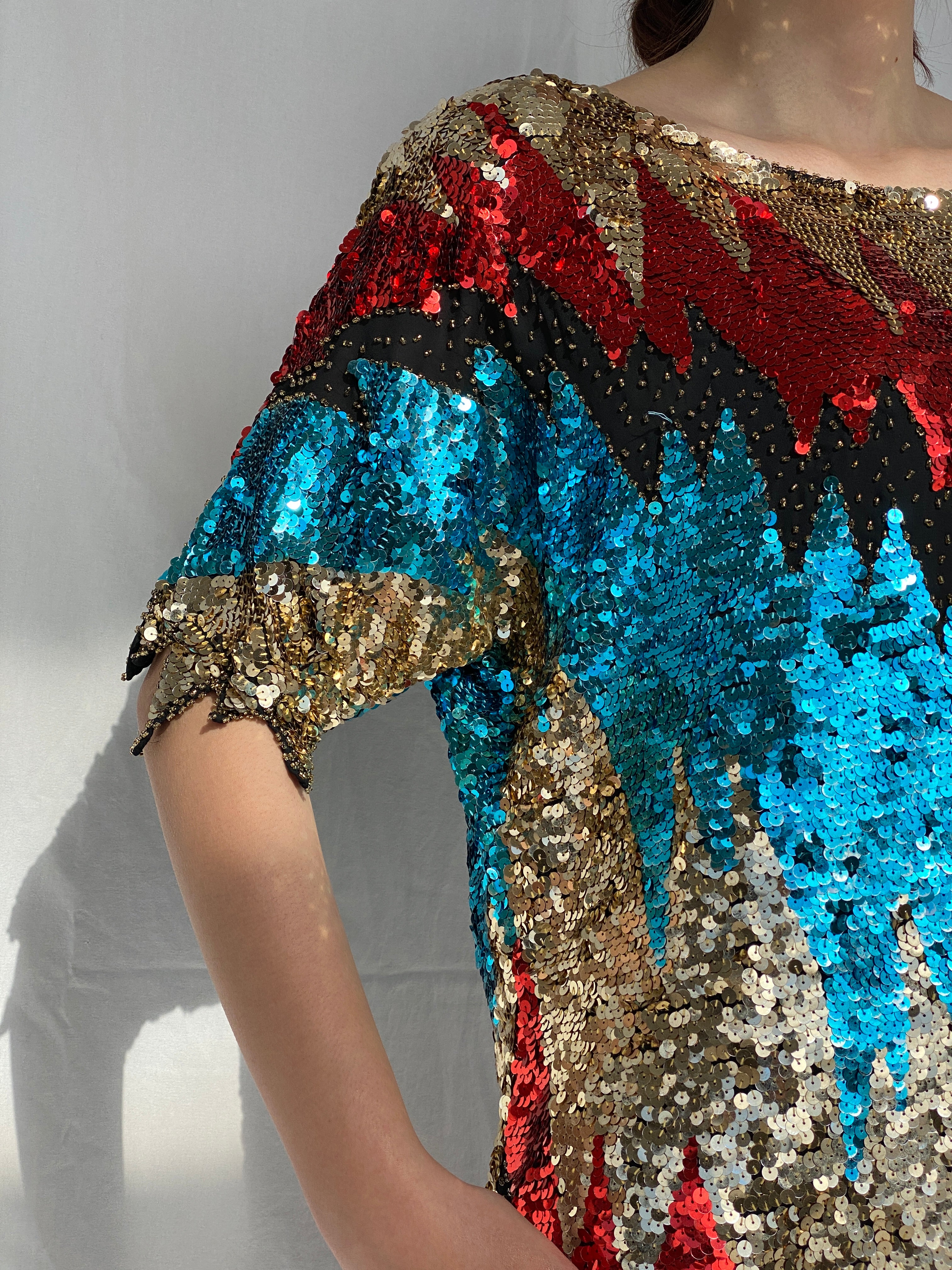 Vintage Iris Zig Zag Sequin and Sheer Midi Party Dress - L